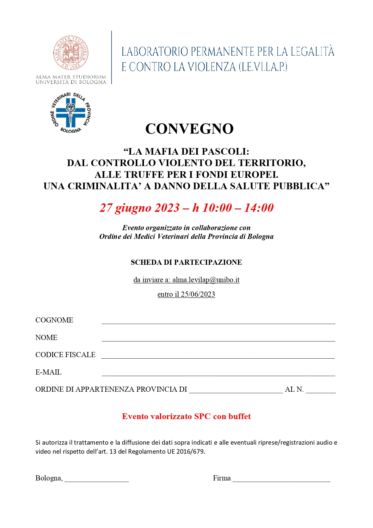 Scheda di partecipazione al convegno per ordine dei Medici veterinari della provincia di Bologna